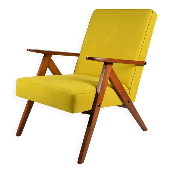 Fauteuil vintage original restauré des années 60, jaune, teck