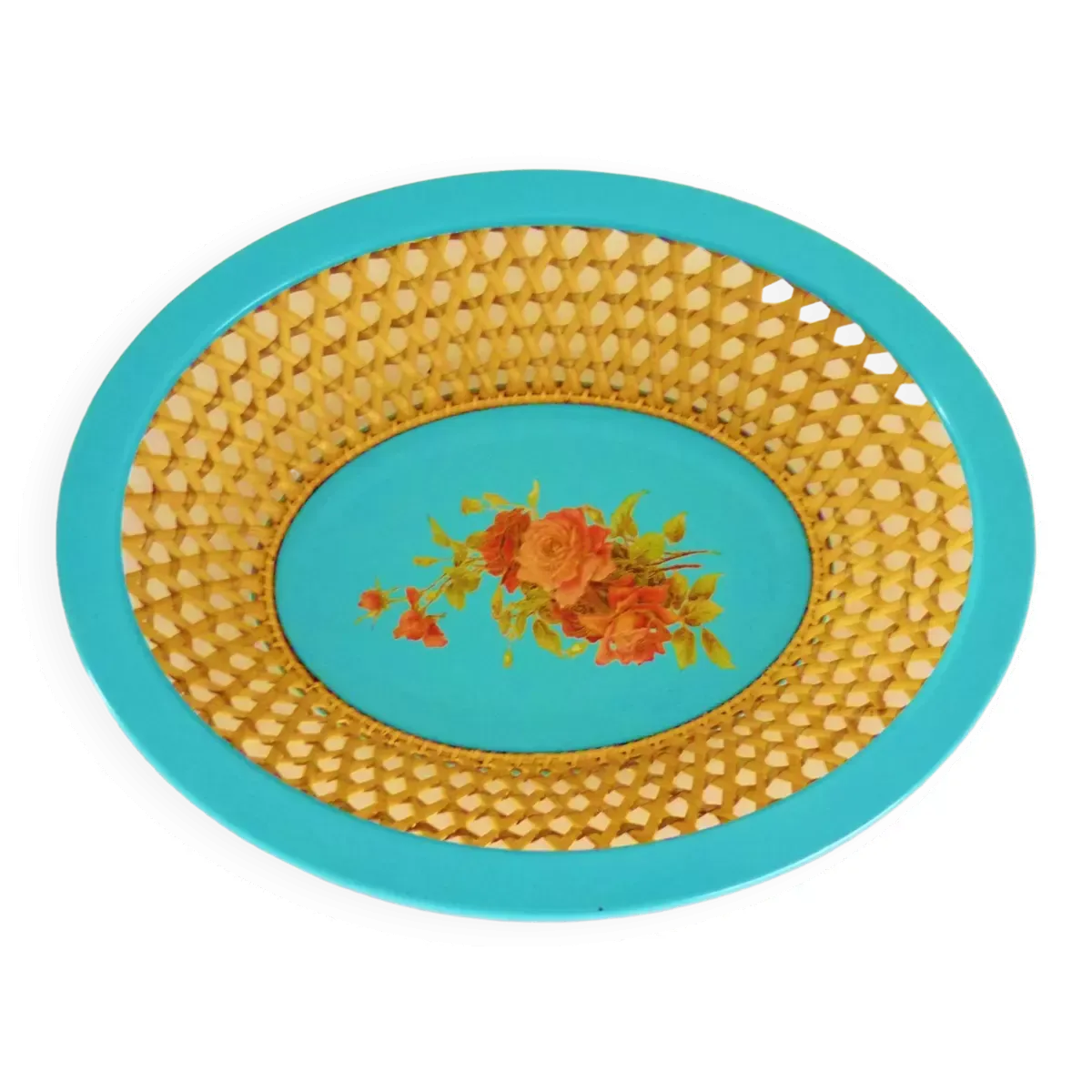 Corbeille ancienne en tôle peinte et osier tressé, décor de roses