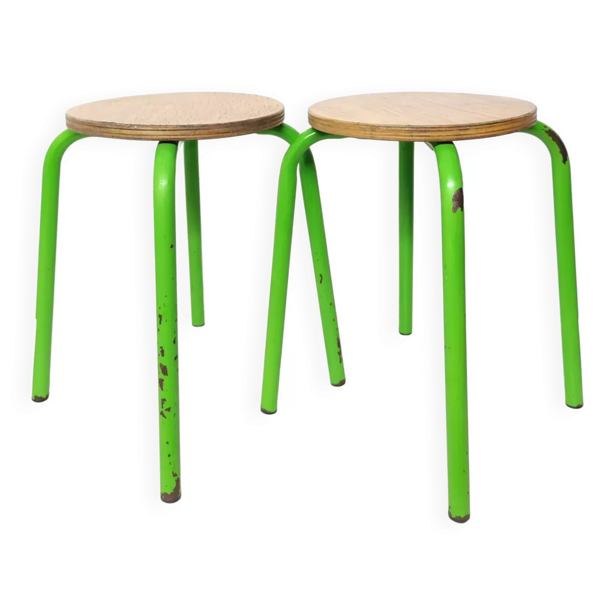Lot de 2 tabourets vintage métal vert et bois