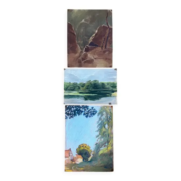 Tableaux lot de 3 dessins d'Ed. Pannetier (1884-1965) étang Ville d'Avray F