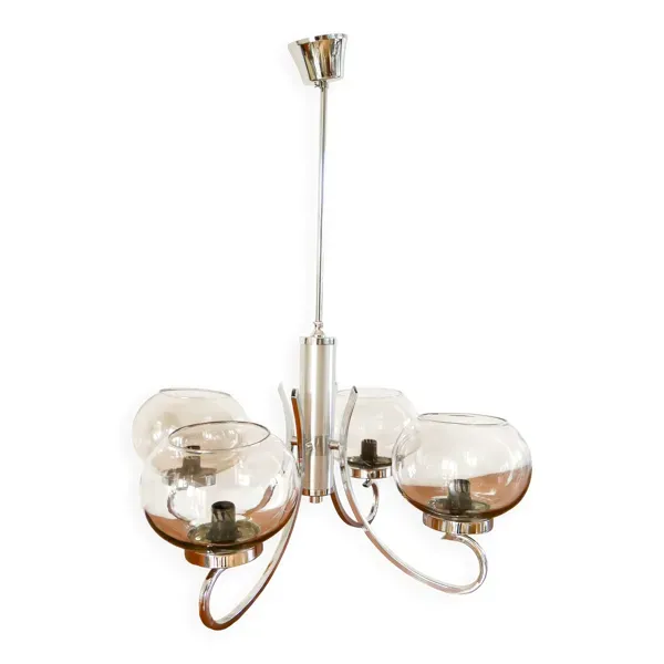 Lustre Gaetano Sciolari, 4 feux, en chrome et verre fumé, 1970