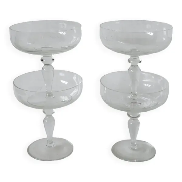 lot de 4 très grandes coupes à champagne en cristal gravé 1950 12 X 11 cm