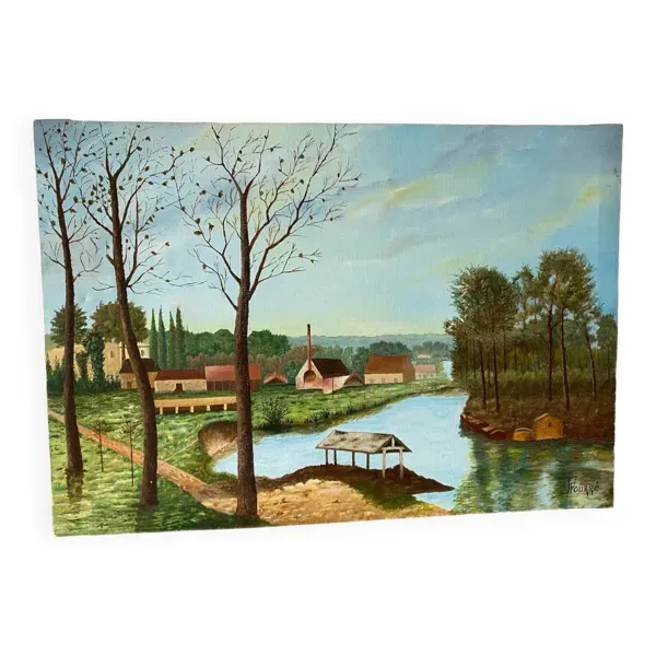 Paysage naif signe du xxeme siècle