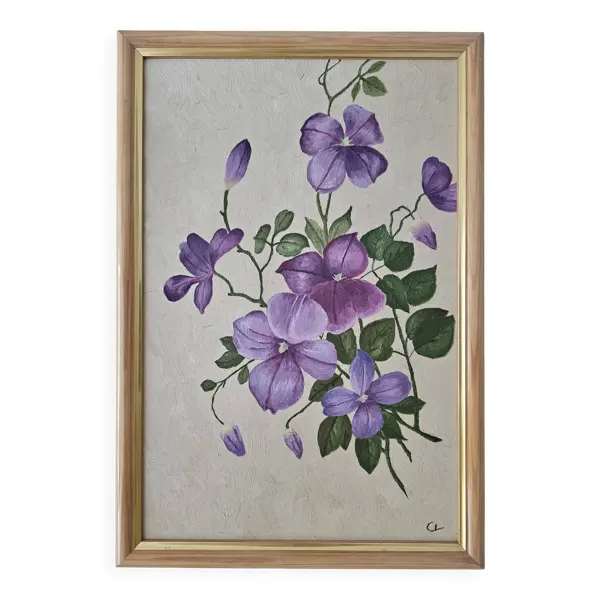 Tableau huile sur panneau - fleurs clématites mauves signé colson lydie