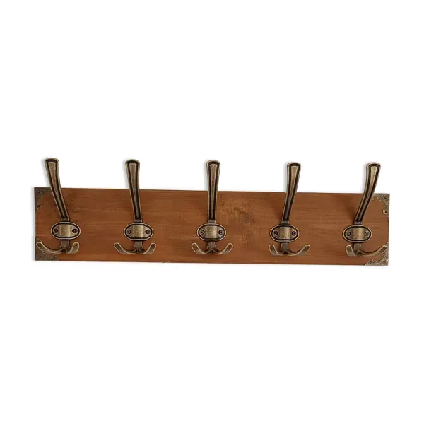 Porte-manteau mural 5 patères de style vintage en bois et métal patiné