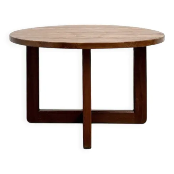 Table ronde moderniste en orme massif, piètement croisé