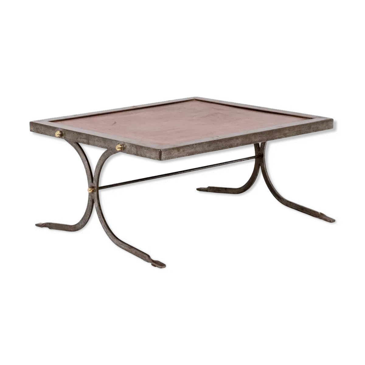 Table basse de style industriel en fer et cuir, années 1970