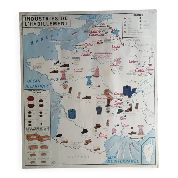 Carte scolaire vintage mdi France ''Commerce et habillement