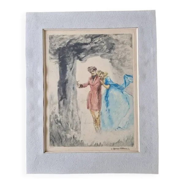 Georges Villa (1883-1965) - Lithographie en couleurs - Scène galante