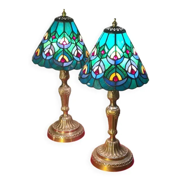 paire lampe bronze ancienne , abat jour verre vitrail