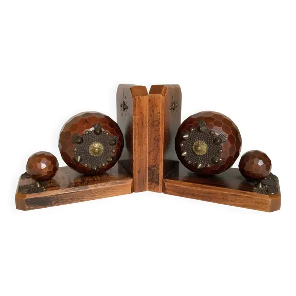 Paire de serre livres boules en bois