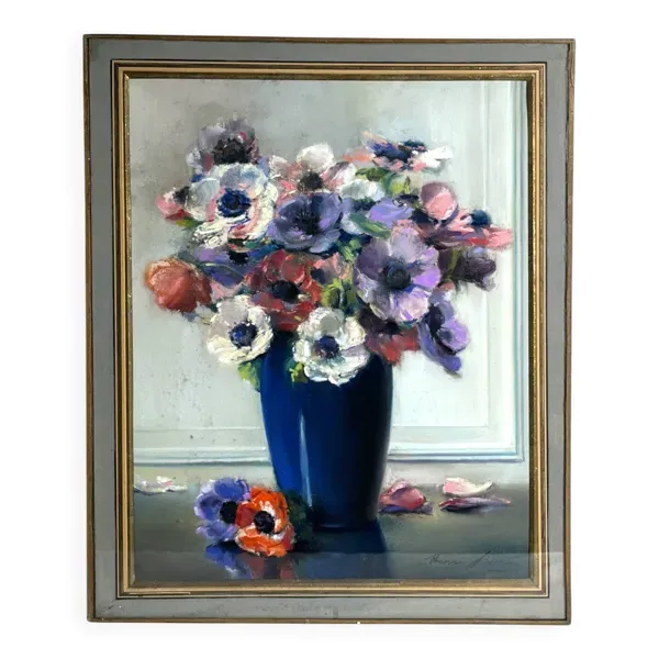 BURON Henri, Pastel nature morte bouquet anémones signé vers 1950