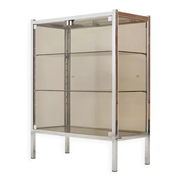 Meuble vitrine en métal chromé et verre fumé – design moderniste, années 19