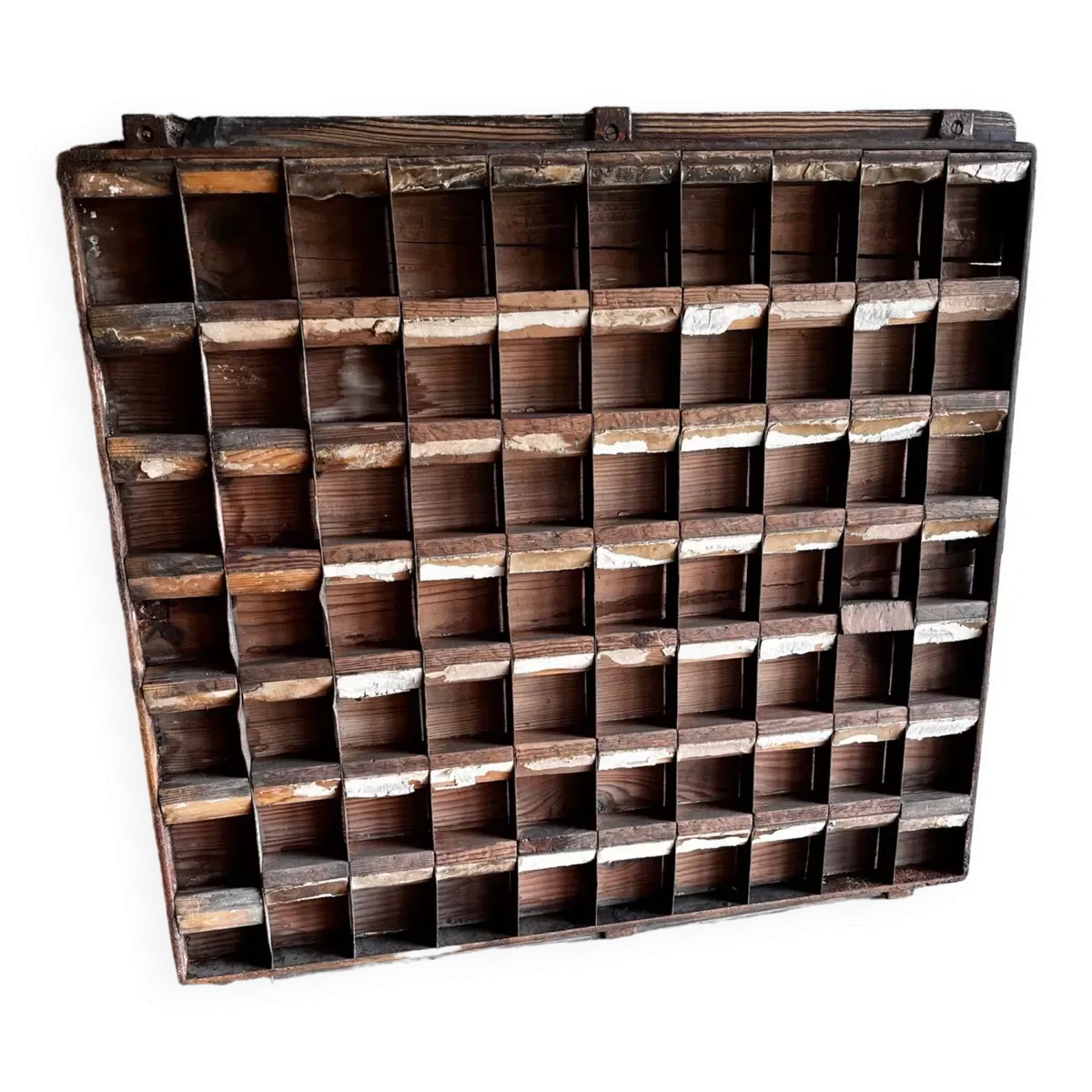 Casier d'imprimerie en métal et bois