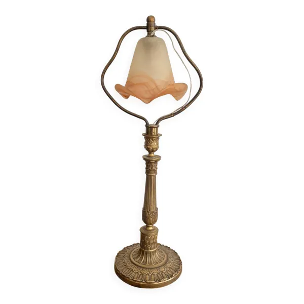 Lampe Table Art Nouveau Laiton Doré Tulipe Verre Marmoréen Ecole Nancy