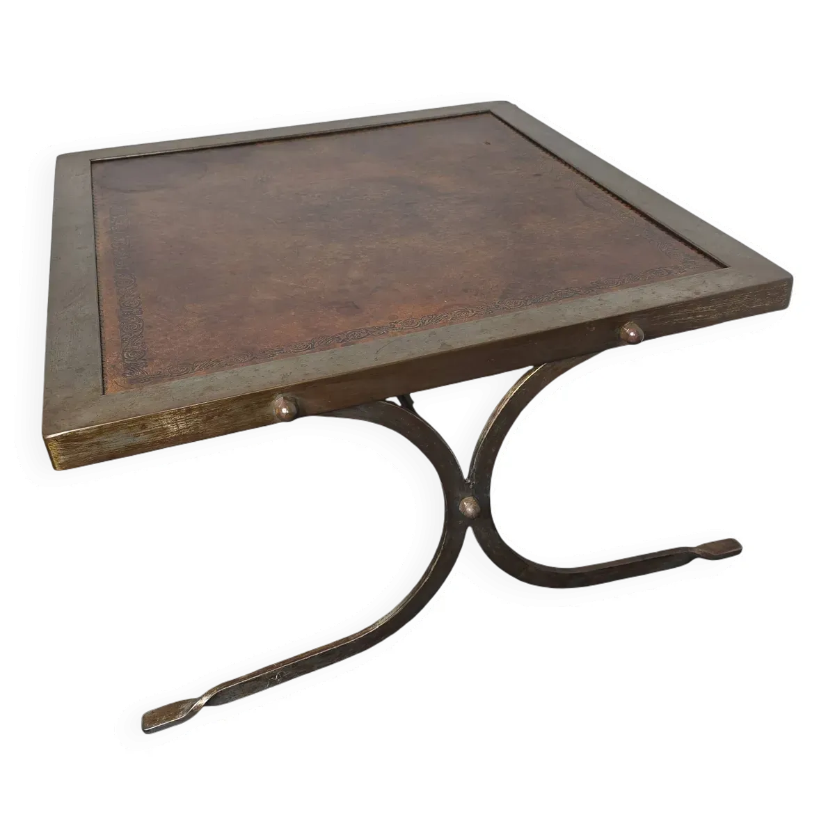 Table basse vintage en acier et cuir
