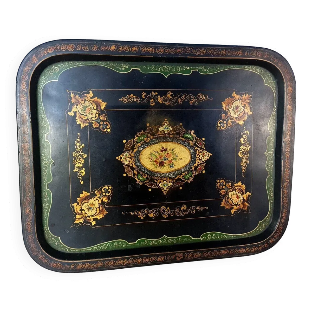 Grand plateau Napoléon III métal noir peint décor floral. 72x57 cm Bel état B795