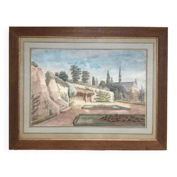 Le jardin de l’abbaye.Aquarelle XIXe monogrammée