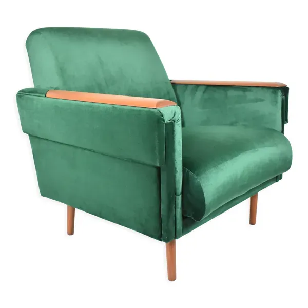 Fauteuil vintage en velours années 1960 restauré bouteille verte