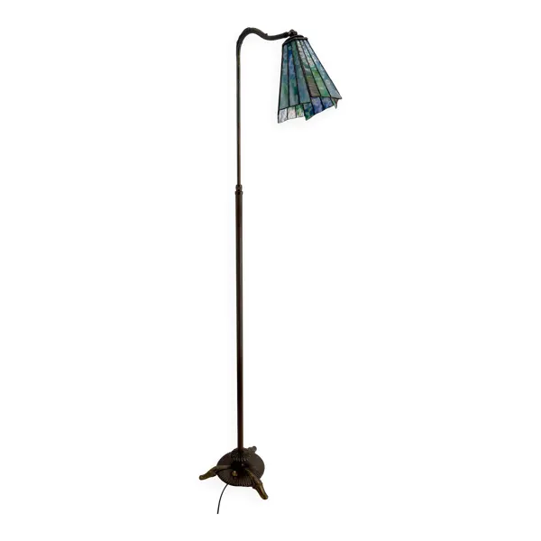 Lampadaire liseuse Art Déco en bronze et vitrail – Circa 1920