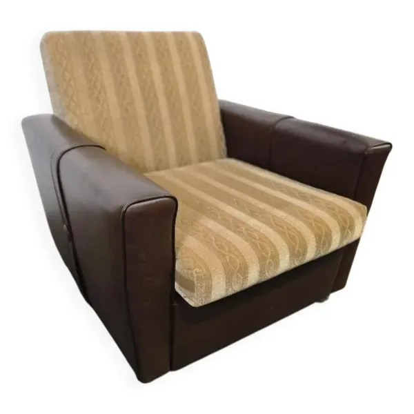 Fauteuil vintage en skaï brun / fauteuil club rétro sur roulettes
