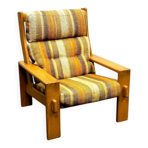 Grande chaise longue vintage en bois d'orme avec tissu d'origine, années 1970, France