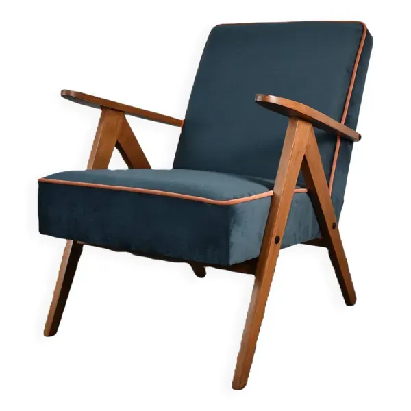 Chaise compas restaurée, tissu jaune canari, fil orange, teck, 1960