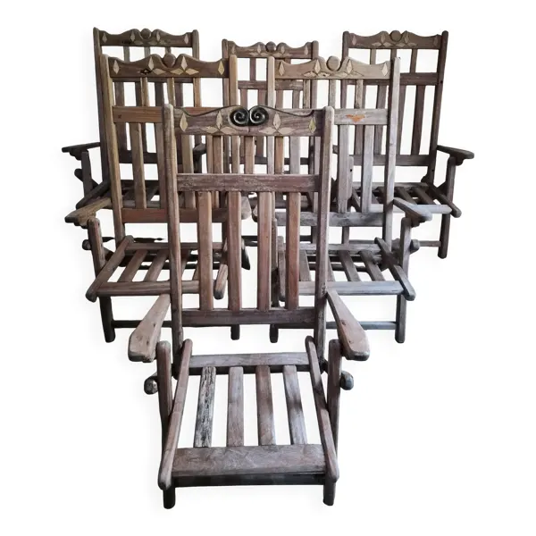Ensemble de 6 chaises longues pliantes américaines vintage en bois dur, 1940s–1960s