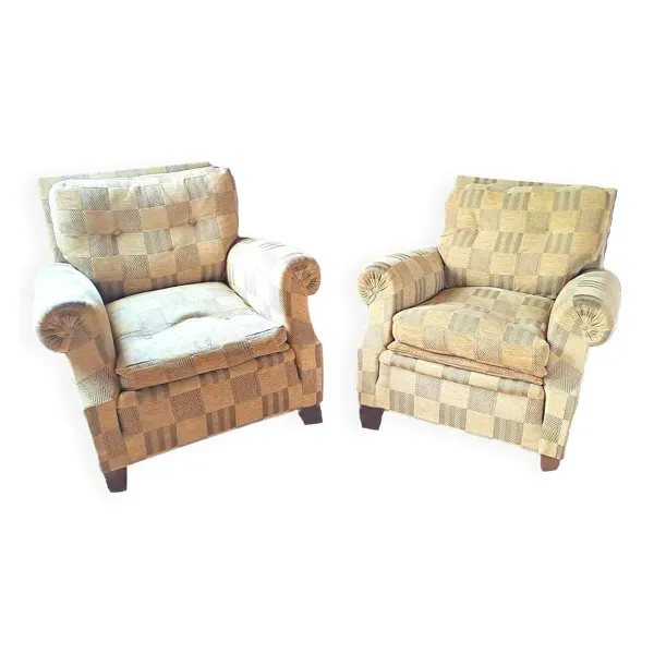 Paire de Fauteuils de style CLUB CHAIR 1940 en tissu carreaux velours