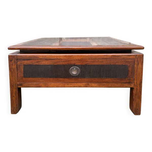 Table basse en bois massif et rotin de style colonial, années 70