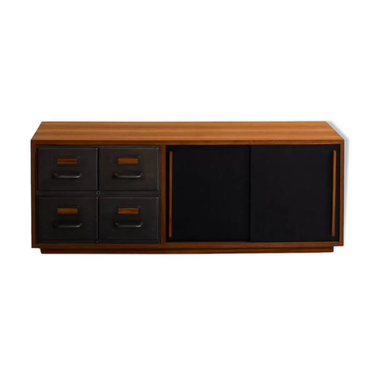 Enfilade en teck avec des tiroirs métalliques industriels et 2 portes coulissantes noires