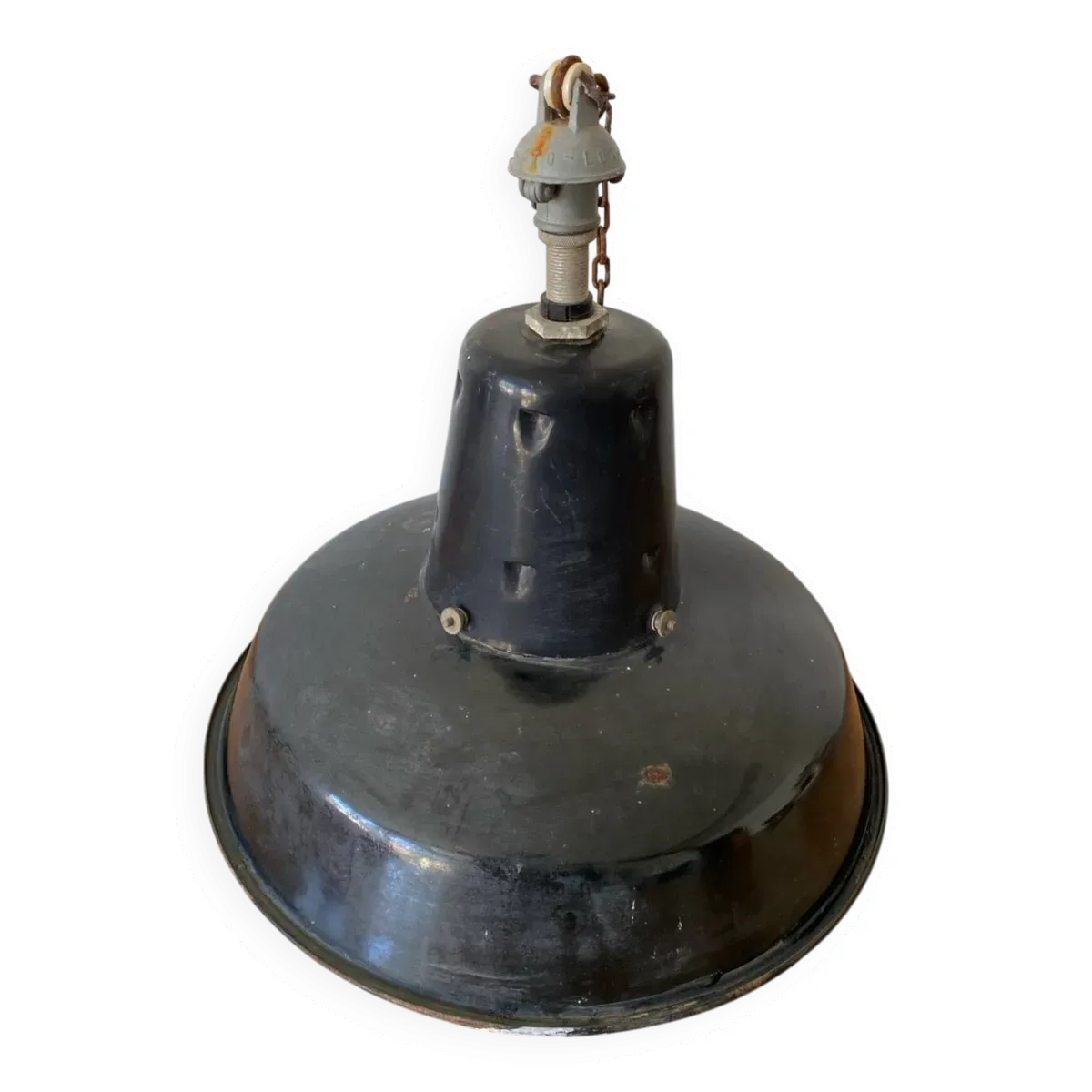 Suspension Industrielle Ancienne Métal Émaillé Bleu Intérieur Blanc Deco