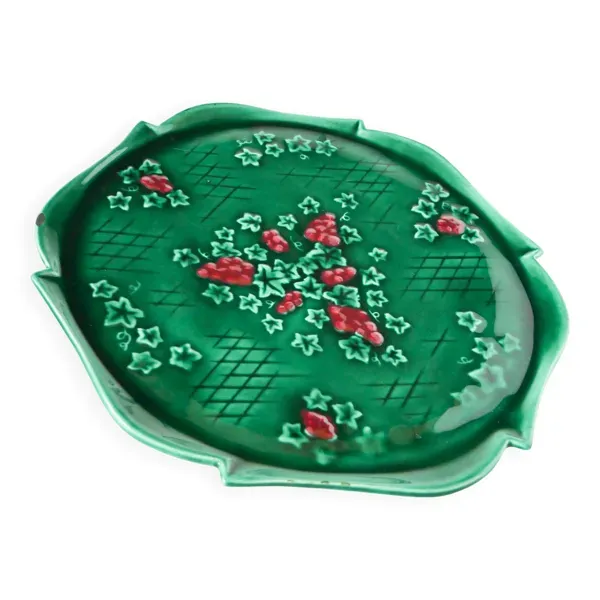 grand plat à gâteaux en barbotine, Vert & Bordeaux, 1970