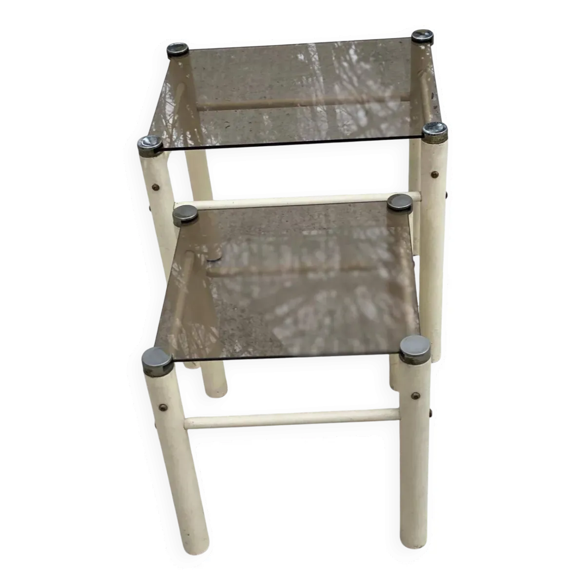 2 tables basses gigognes industrielles beige en verre Yves Boutboul 1970