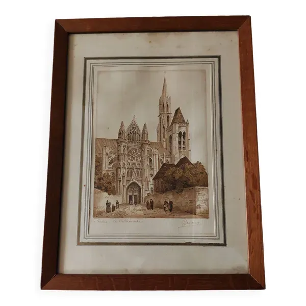 Aquarelle signée Barday Senlis la cathédrale première moitié XXème