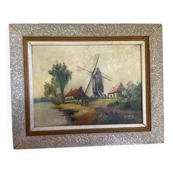 Tableau paysage vaches huile sur toile signée