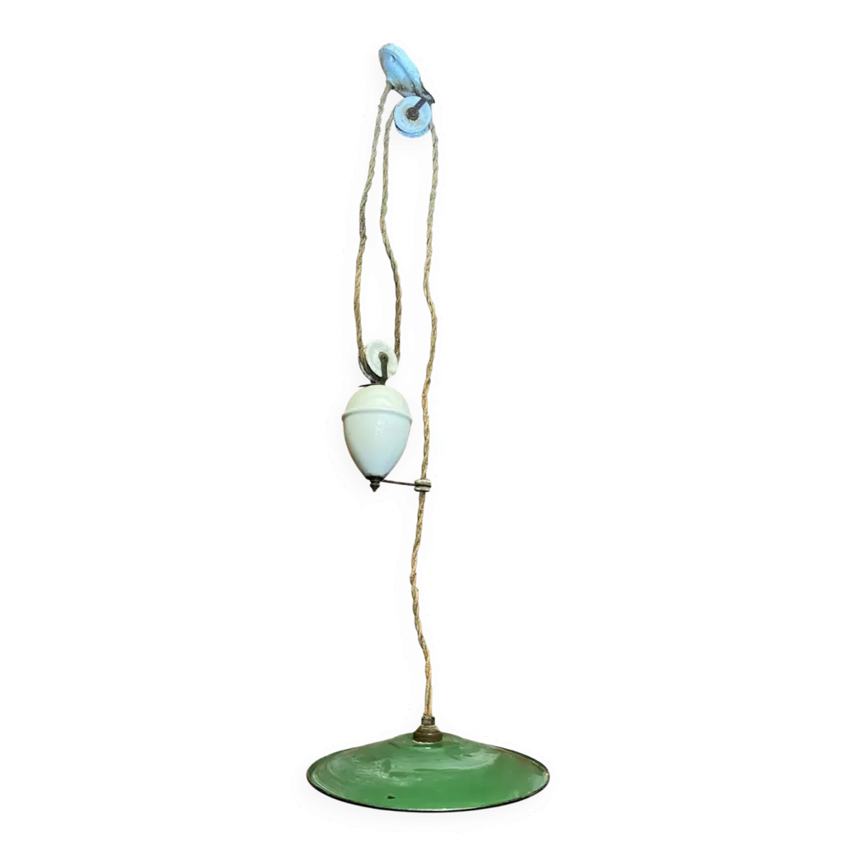 Suspension industrielle monté et baisse métal vert + porcelaine vintage