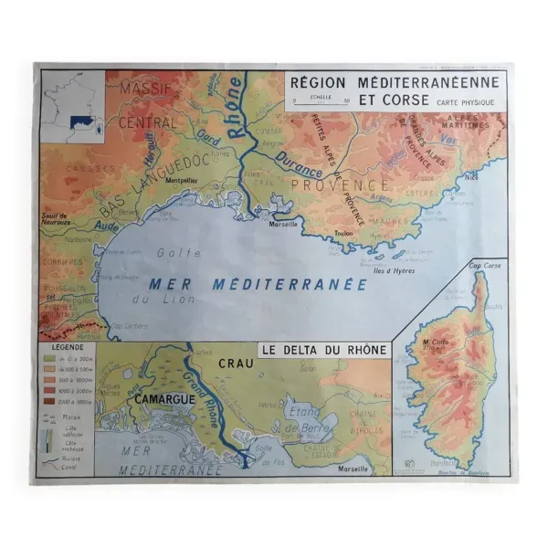 Carte scolaire vintage mdi France Méditerranée Corse Massif Central