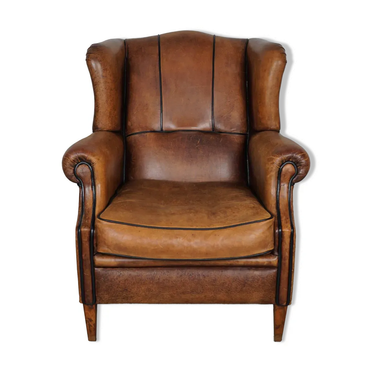Fauteuil hollandais vintage en cuir cognac