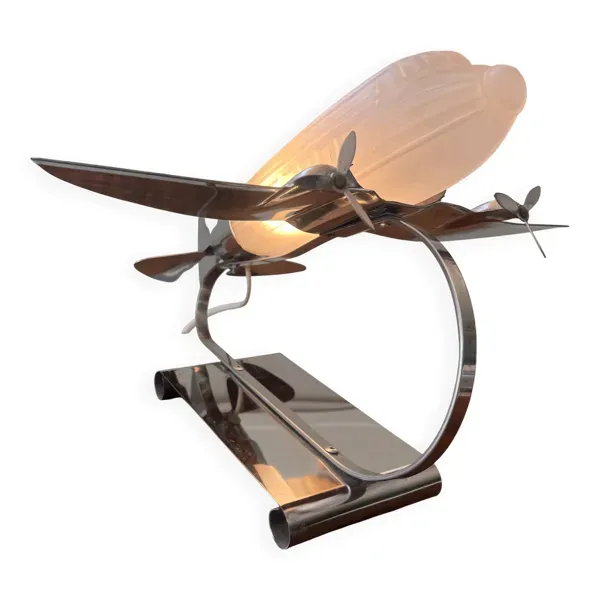 Lampe avion vintage art déco chrome et verre opalin