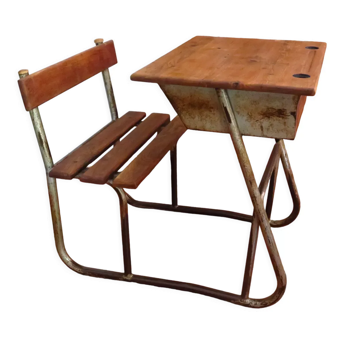 Bureau d'écolier en chêne et métal style industriel
