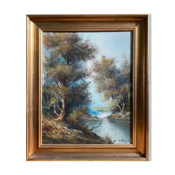 Tableau HST ''Paysage à la rivière'' signé école Italienne avec cadre