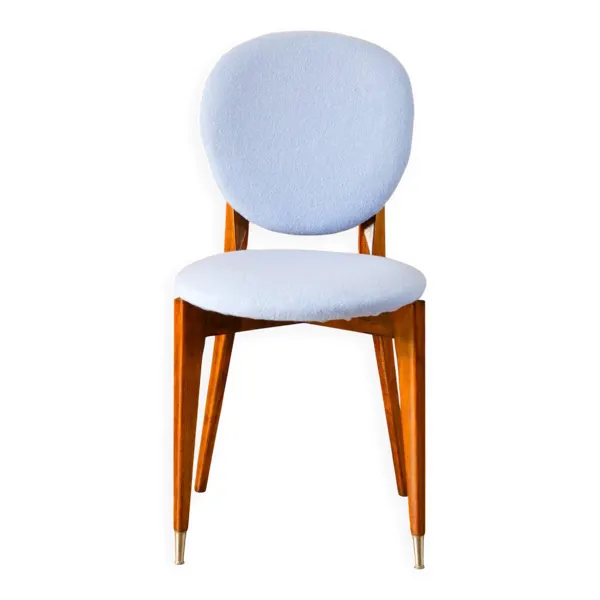 Chaise en bois de hêtre, retapissée en laine bouillie baby blue, 1950