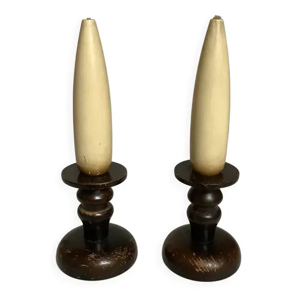 Paire de bougeoirs en bois fausses bougies en bois