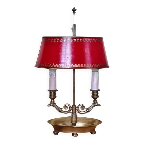 lampe bouillotte 2 feux en bronze et laiton, lampe de bureau  rouge