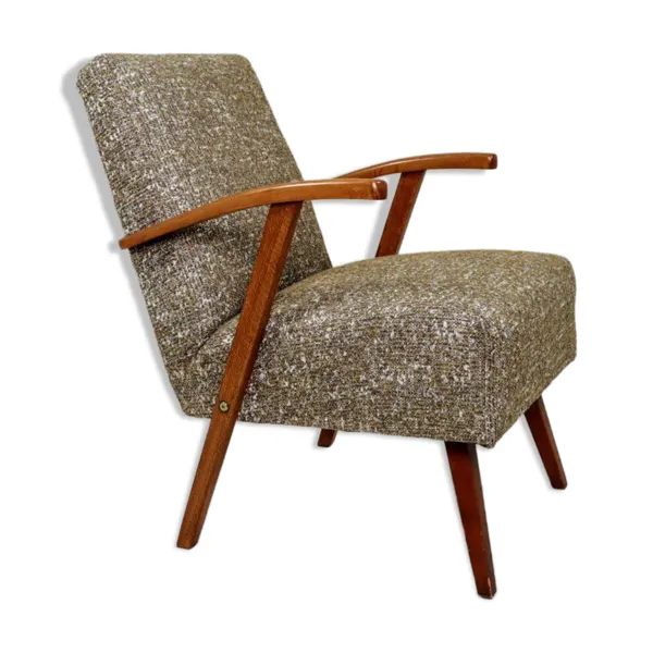Fauteuil vintage en tissu à motif vert rénové, années 1970.