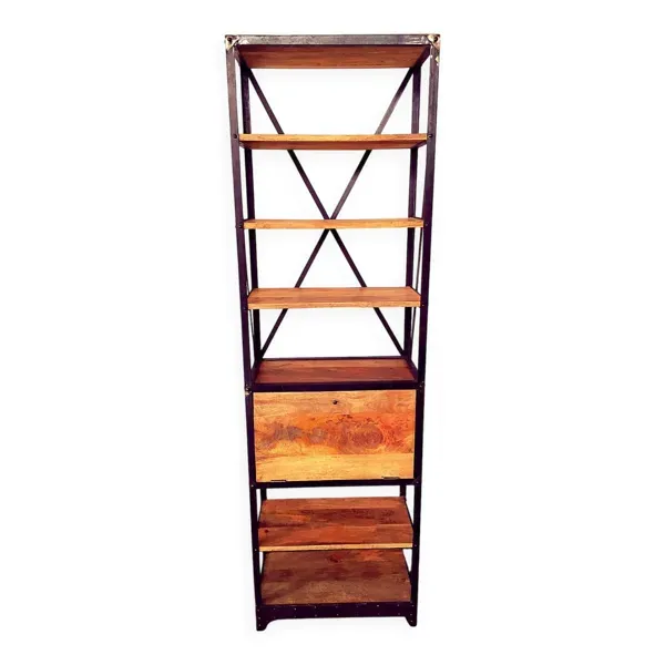 Etagère indus bois exotique massif de manguier métal riveté
