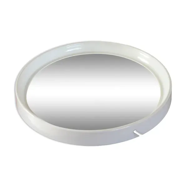 Miroir casquette design rond en plexi écru avec lanière en cuir 1970