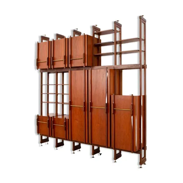 Bibliothèque en teck, noyer et laiton, Italie, années 1960