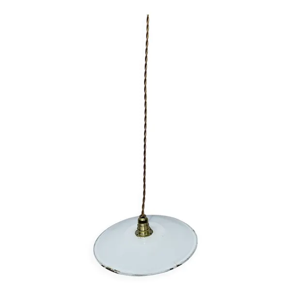 Suspension vintage blanche en tôle émaillée style indus ferme